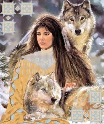 Зима вышивка девушка с волками.