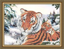 Тигрица с тигренком вышивка бисером.